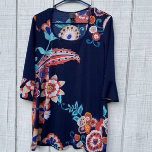 Clara‎ Sun Woo Navy Floral Half Sleeve Blouse Shirt Top Small S Professional